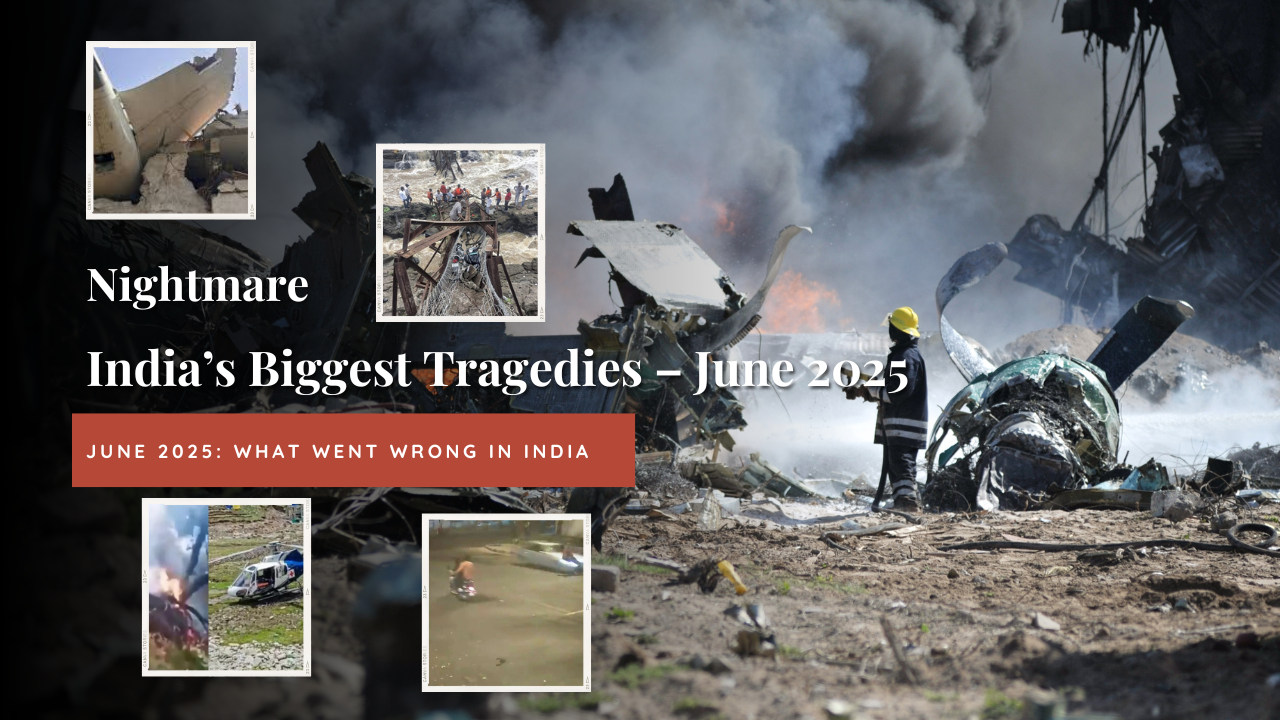 Major accidents and tragedies in India during June 2025 including Air India plane crash, crowd crush, and helicopter disaster