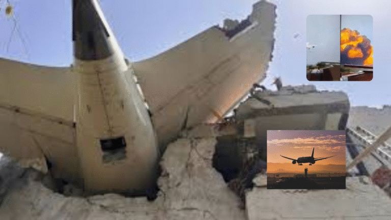 Air India AI‑171 plane crash wreckage near Ahmedabad airport after failed takeoff